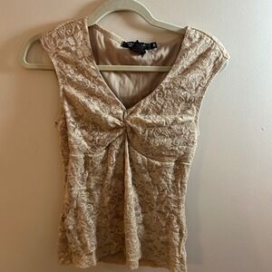 Y2K VTG Women's M Beige Lace Twist Front‎ V Neck Sleeveless ToY